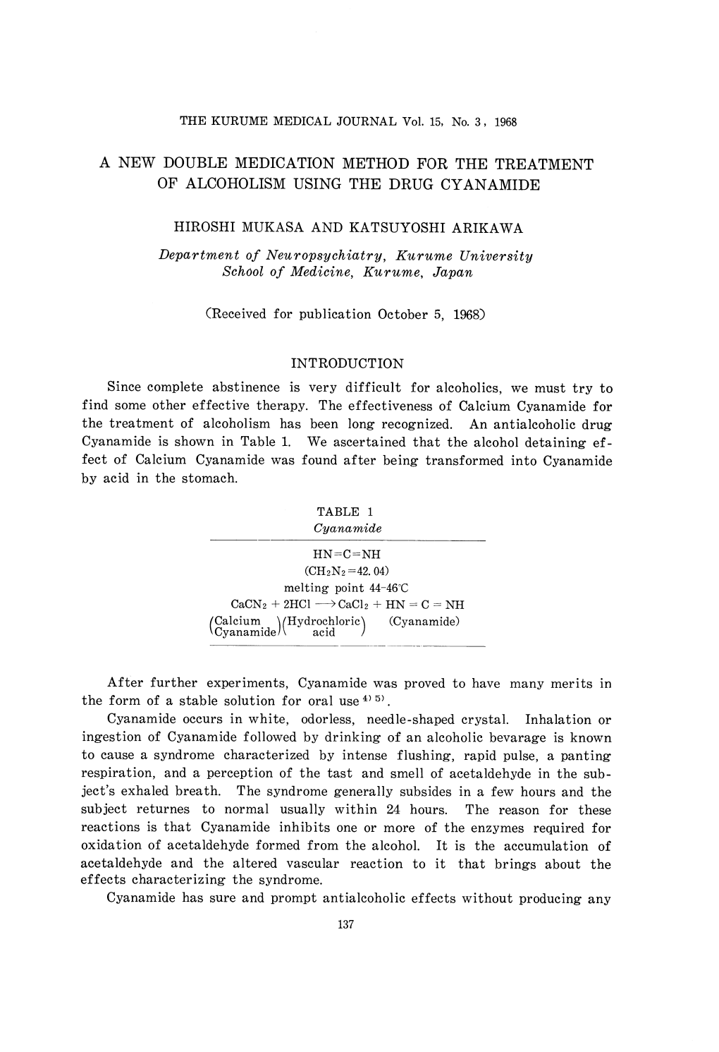 A New Double Medication Method for the Treatment of Alcoholism Using the Drug Cyanamide