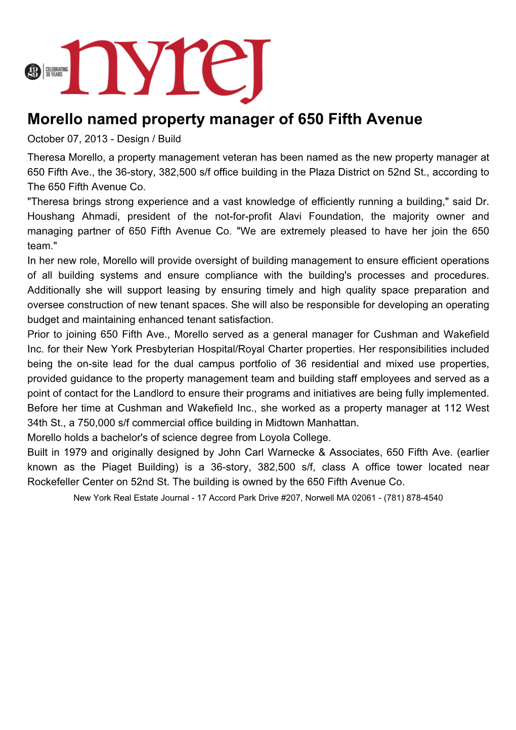 Morello Named Property Manager of 650 Fifth Avenue