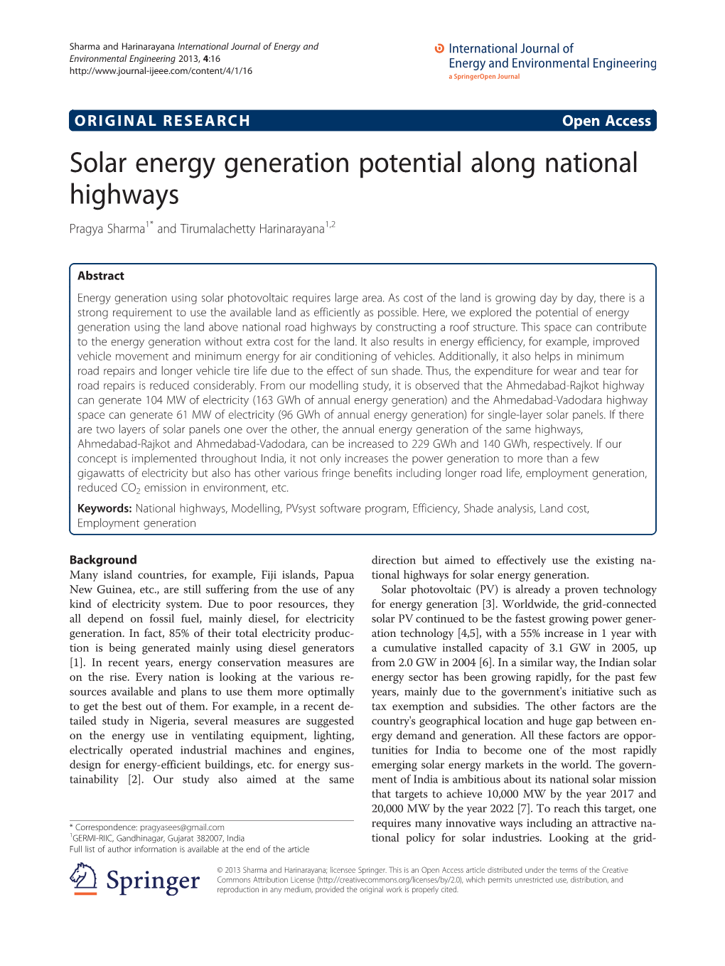 Solar Energy Generation Potential Along National Highways Pragya Sharma1* and Tirumalachetty Harinarayana1,2