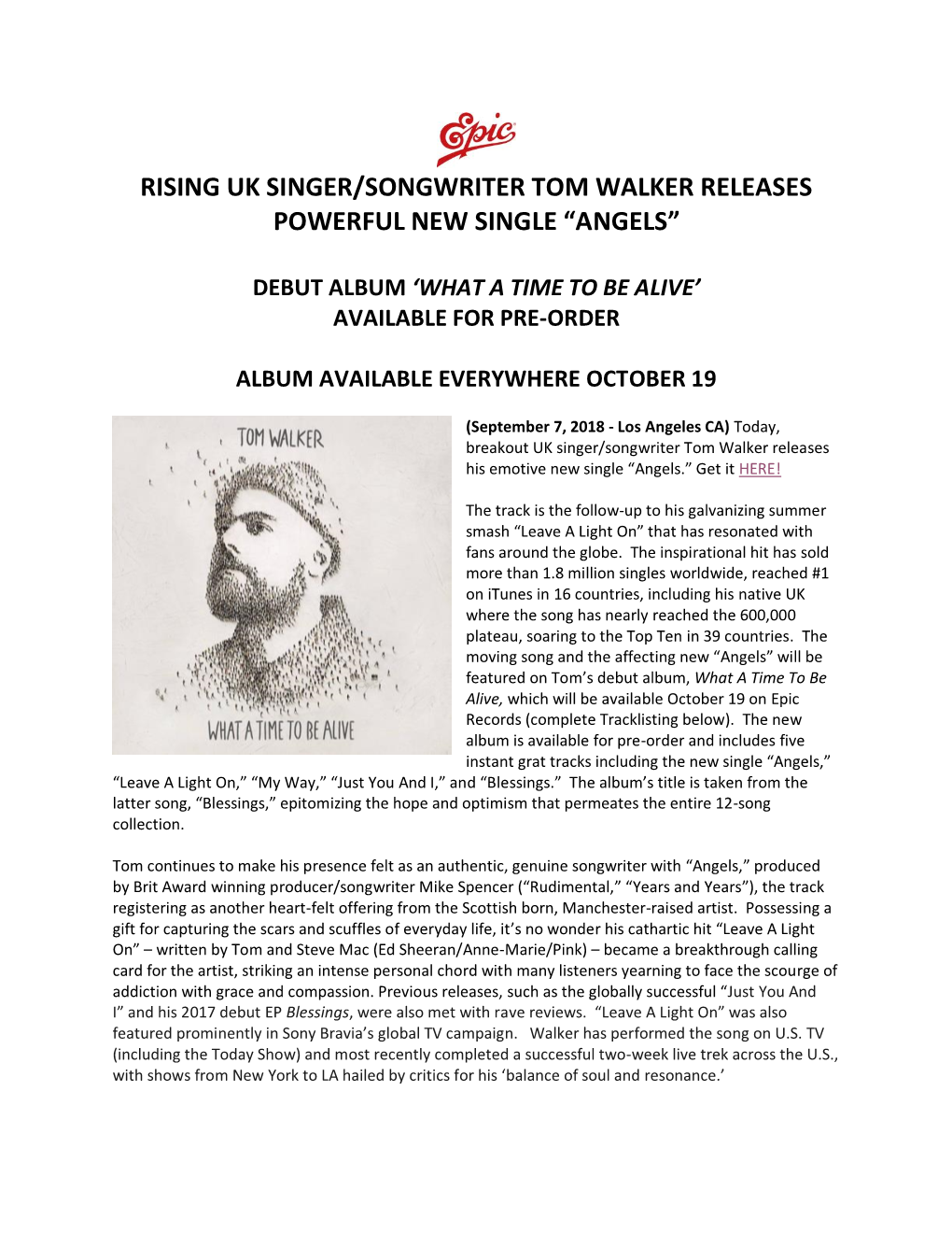 Rising Uk Singer/Songwriter Tom Walker Releases Powerful New Single “Angels”