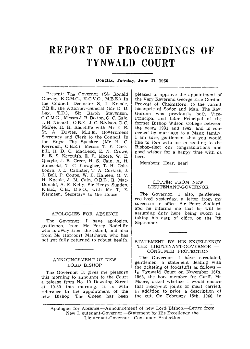 Report of Proceedings of Tynwald Court