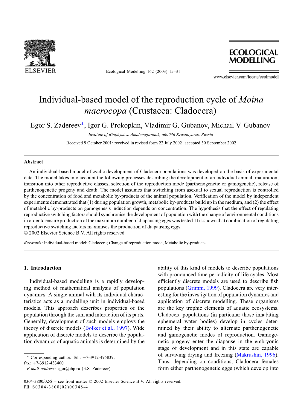 Individual-Based Model of the Reproduction Cycle of Moina Macrocopa (Crustacea: Cladocera) Egor S