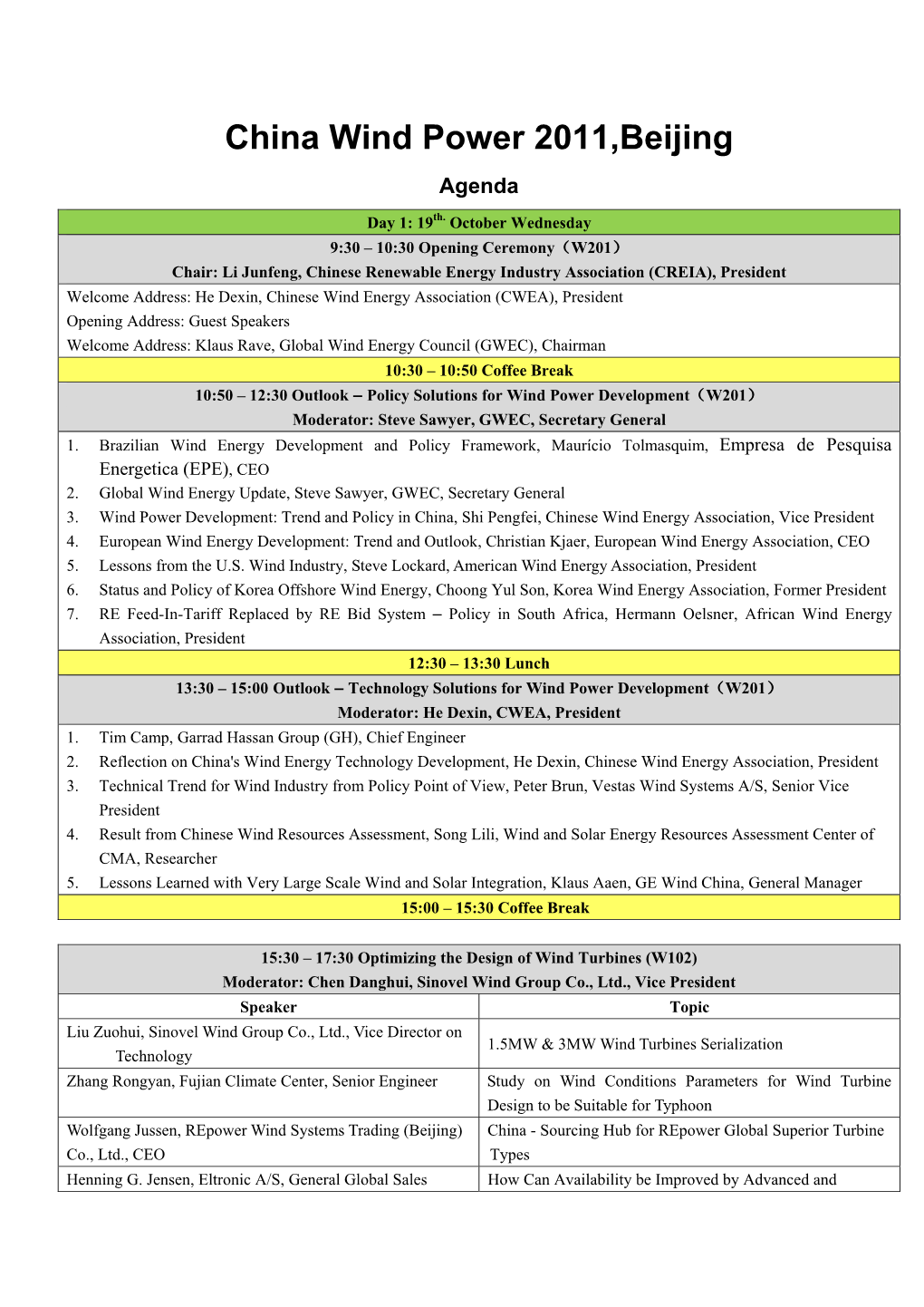 China Wind Power 2011,Beijing Agenda