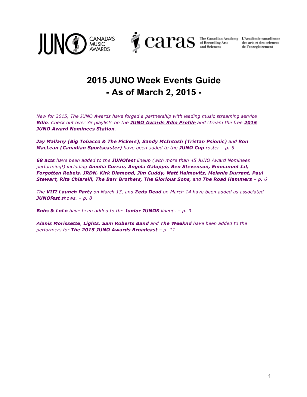 2015 JUNO Week Events Guide - As of March 2, 2015