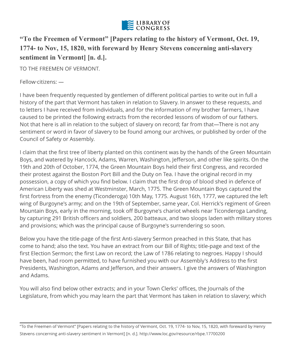 Papers Relating to the History of Vermont, Oct. 19, 1774- to Nov, 15, 1820, with Foreward by Henry Stevens Concerning Anti-Slavery Sentiment in Vermont] [N