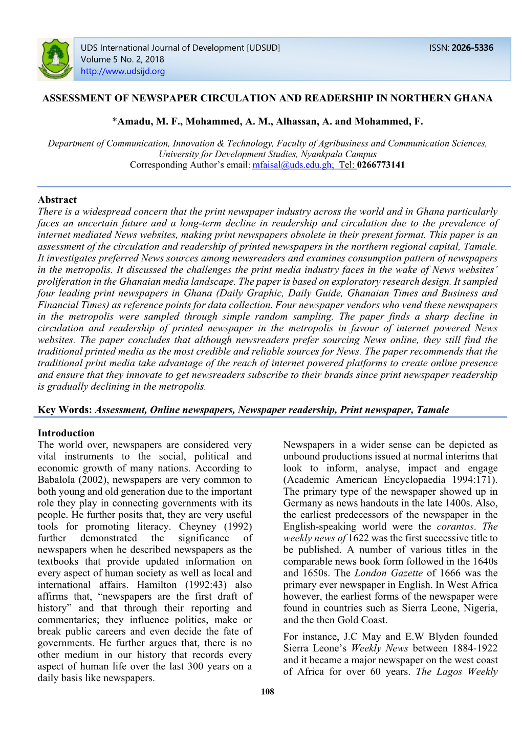 Assessment of Newspaper Circulation and Readership in Northern Ghana