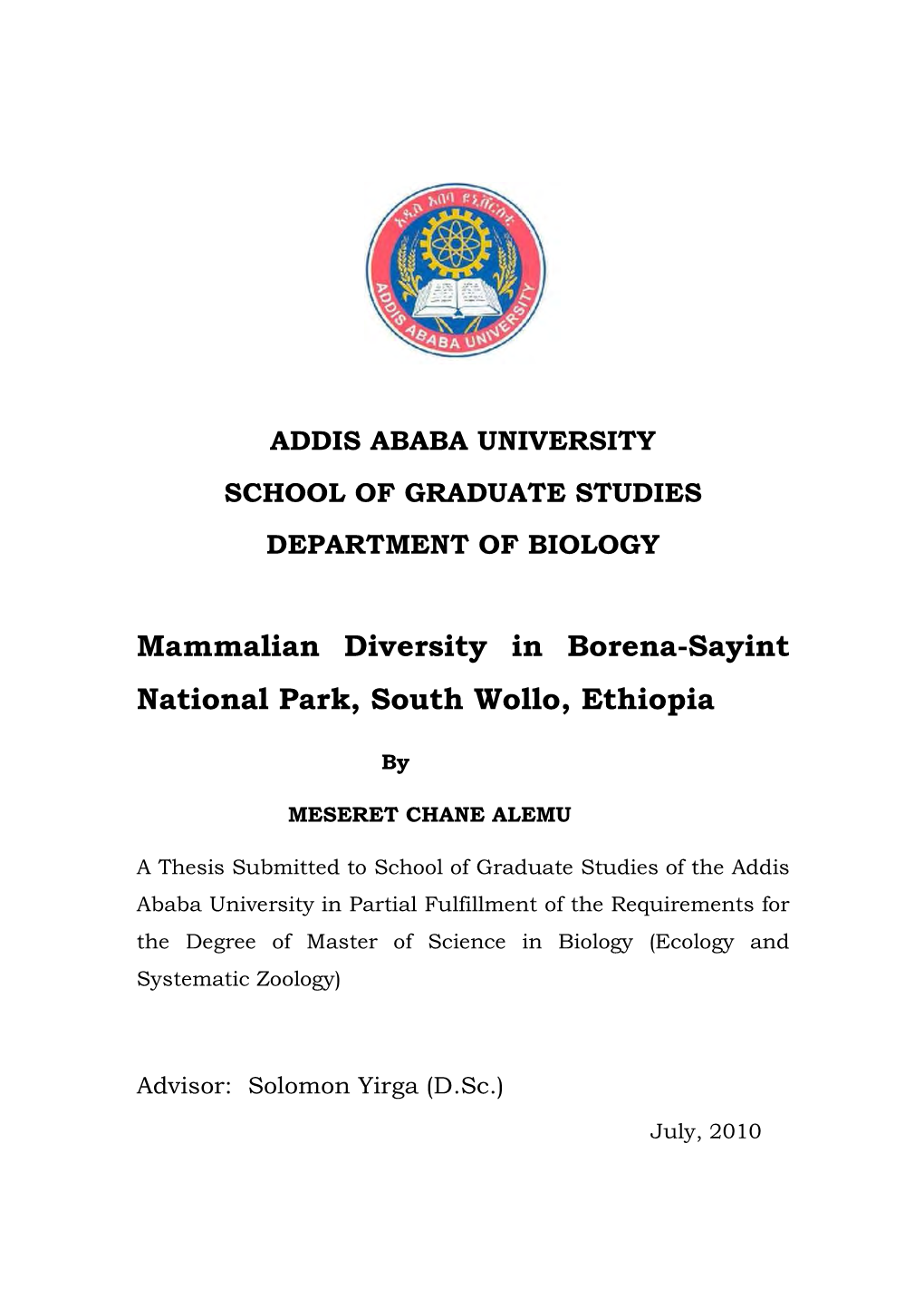 Mammalian Diversity in Borena-Sayint National Park, South Wollo, Ethiopia