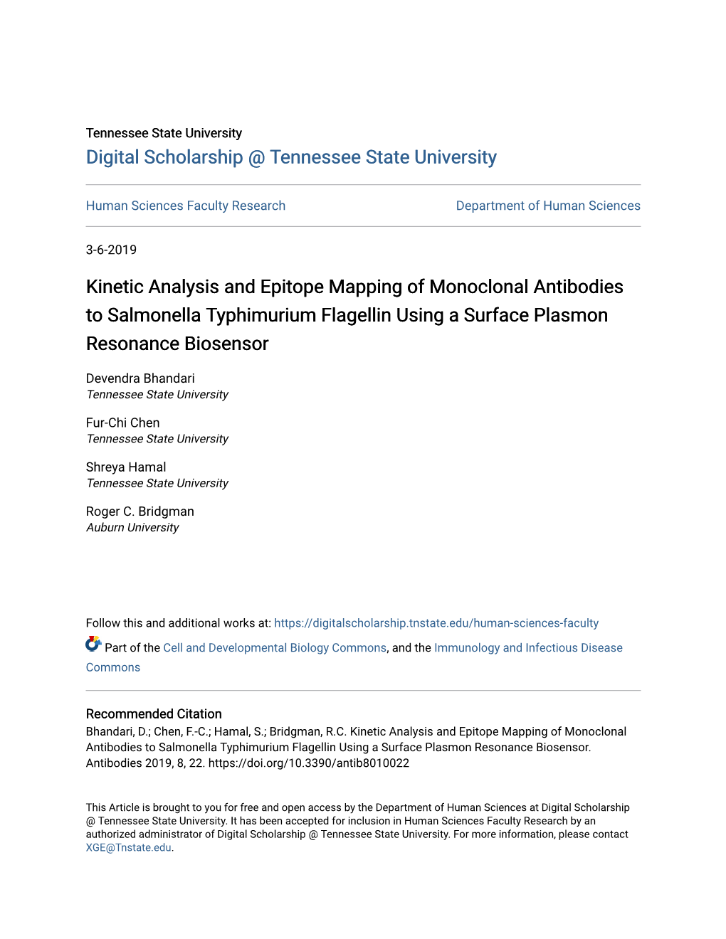 Kinetic Analysis and Epitope Mapping of Monoclonal Antibodies to Salmonella Typhimurium Flagellin Using a Surface Plasmon Resonance Biosensor