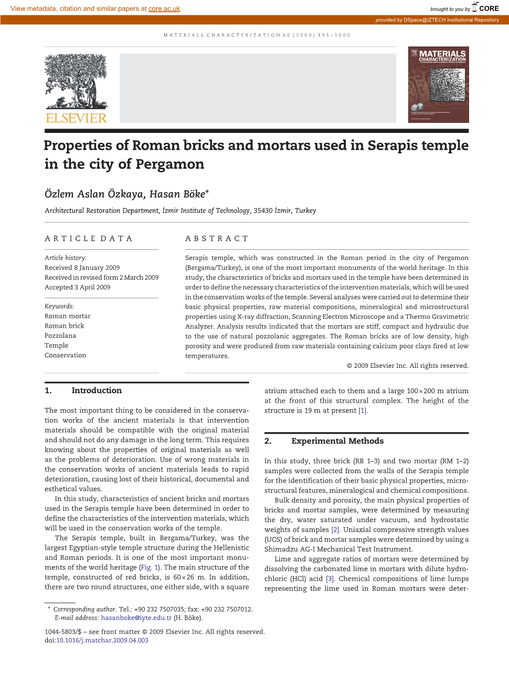 Properties of Roman Bricks and Mortars Used in Serapis Temple in the City of Pergamon