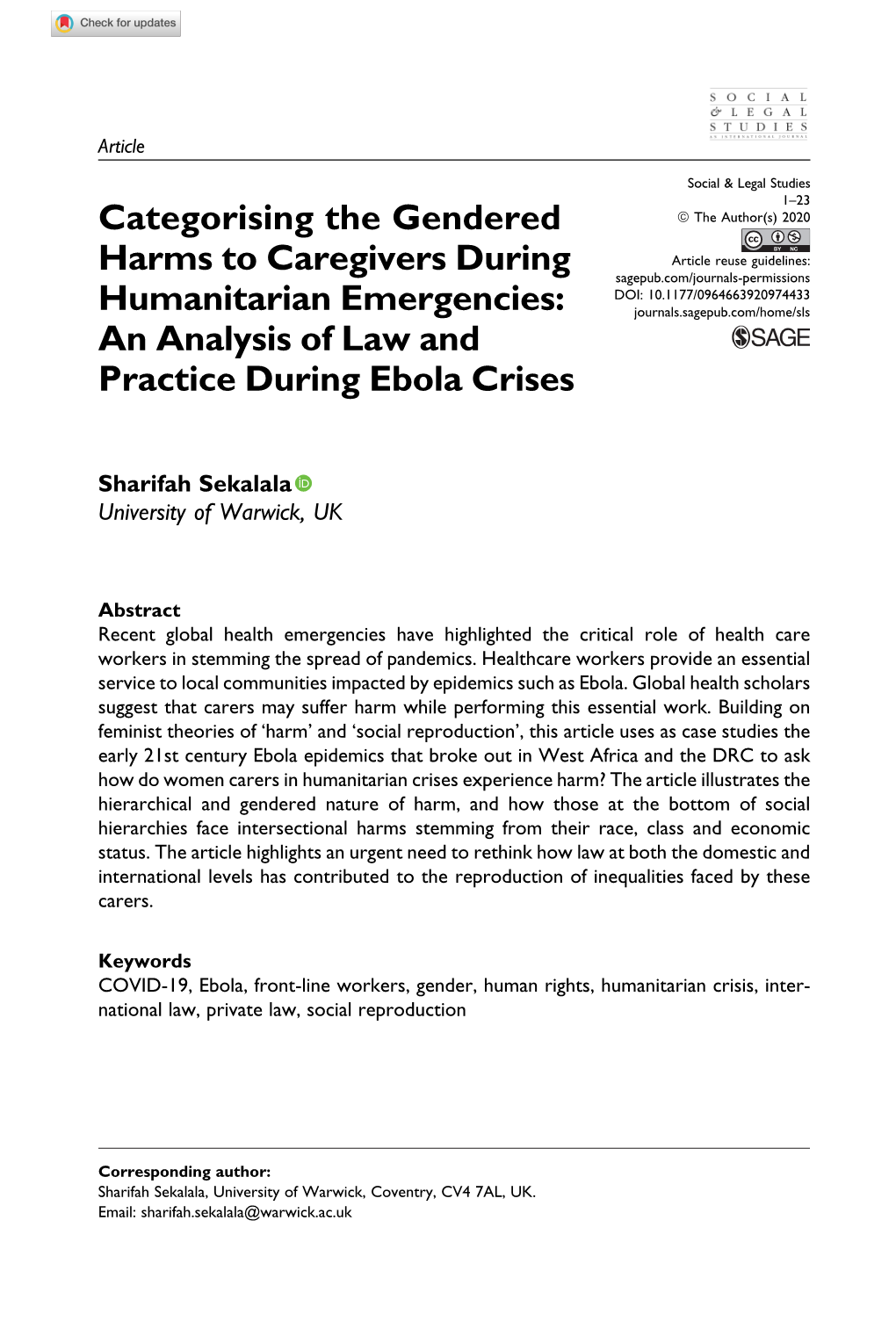 Categorising the Gendered Harms to Caregivers During Humanitarian