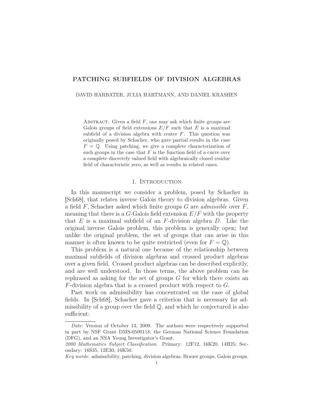 PATCHING SUBFIELDS of DIVISION ALGEBRAS 11 Ind D, Such That D Is a Crossed Product for a Group G with Char(C) ∤ |G|