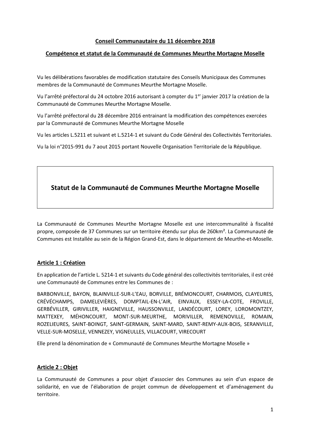 Statut De La Communauté De Communes Meurthe Mortagne Moselle