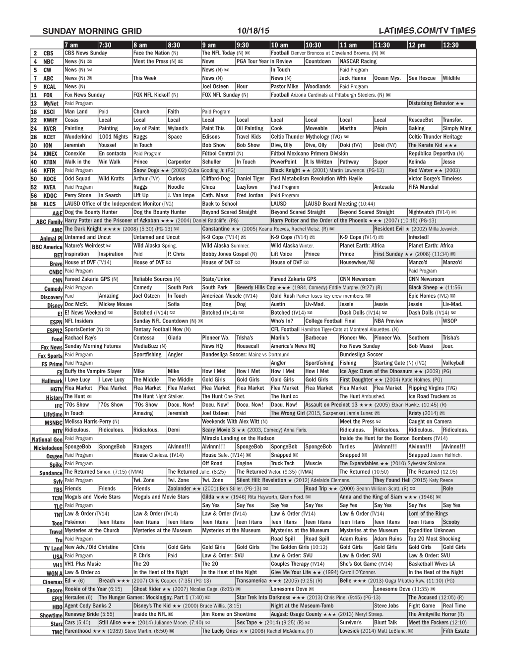 Sunday Morning Grid 10/18/15 Latimes.Com/Tv Times