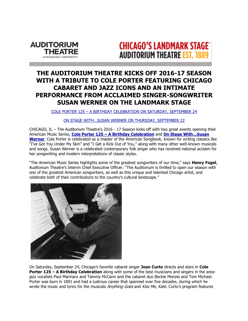 The Auditorium Theatre Kicks Off 2016-17 Season with a Tribute to Cole Porter Featuring Chicago Cabaret and Jazz Icons and an In