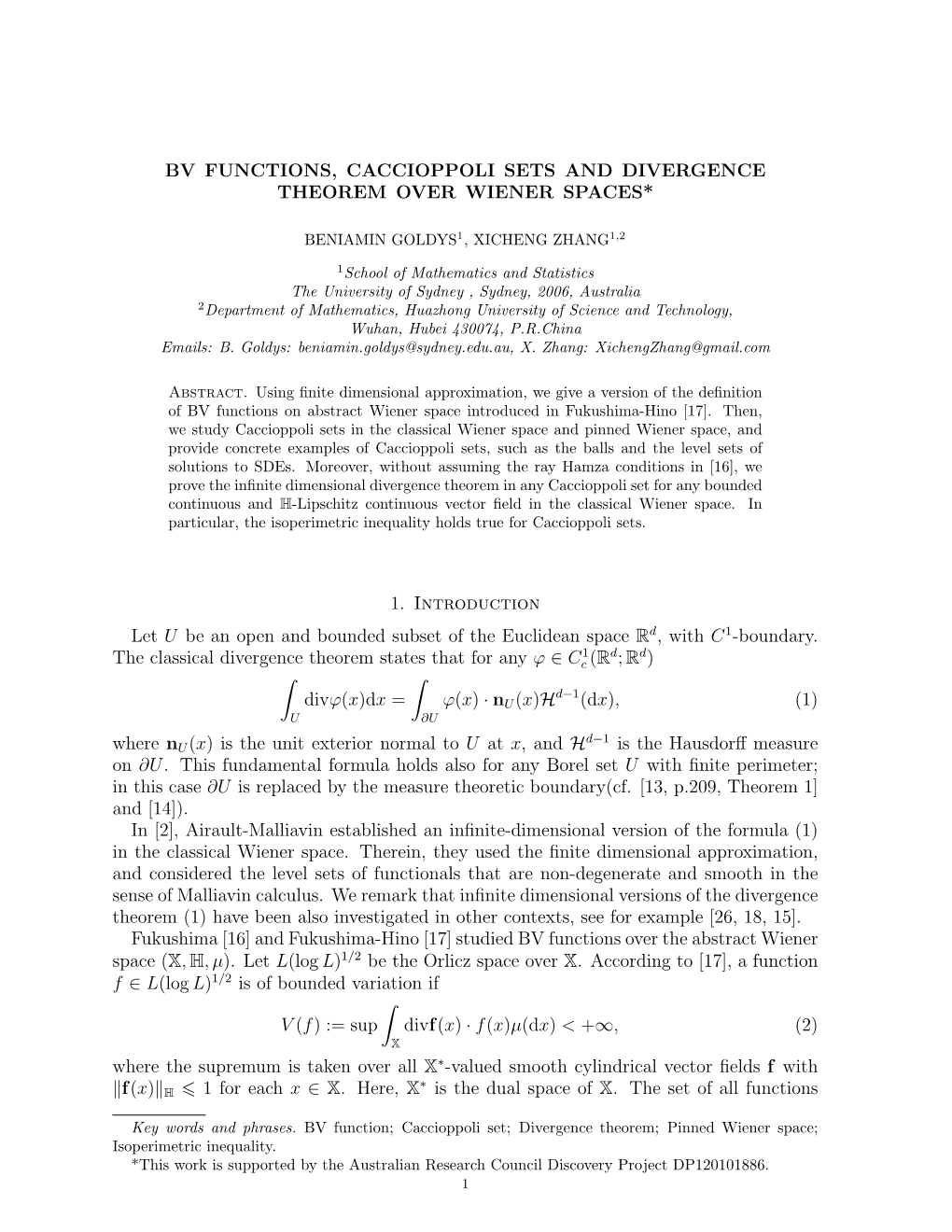 Bv Functions, Caccioppoli Sets and Divergence Theorem Over Wiener Spaces*