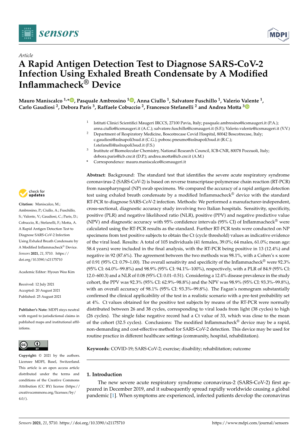 A Rapid Antigen Detection Test to Diagnose SARS-Cov-2 Infection Using Exhaled Breath Condensate by a Modiﬁed Inﬂammacheck® Device