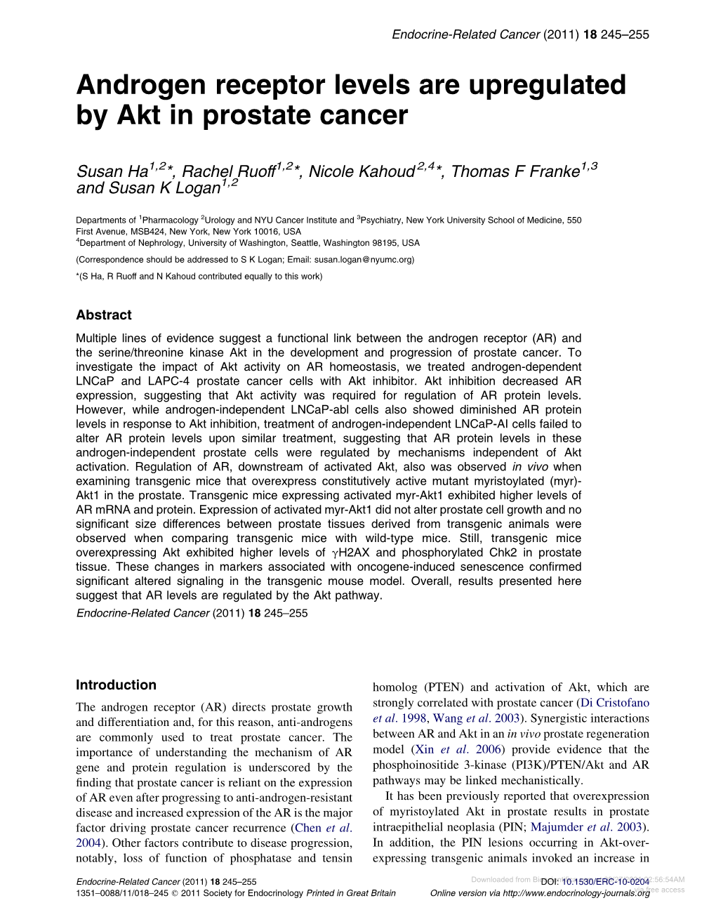 Androgen Receptor Levels Are Upregulated by Akt in Prostate Cancer
