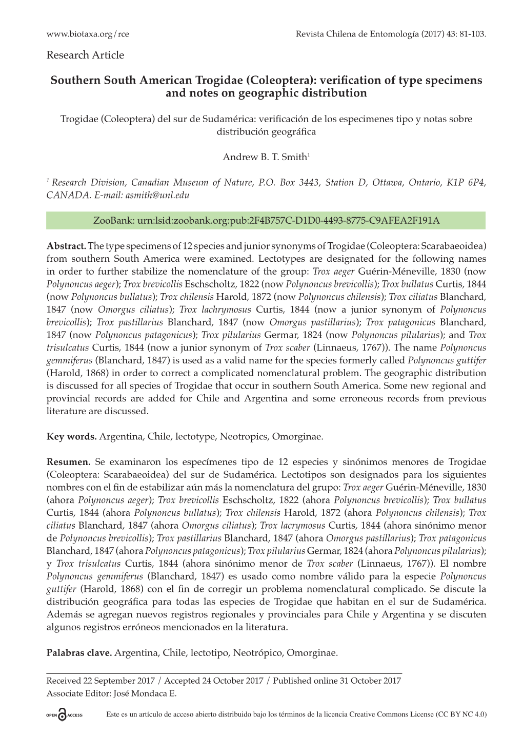 Coleoptera): Verification of Type Specimens and Notes on Geographic Distribution