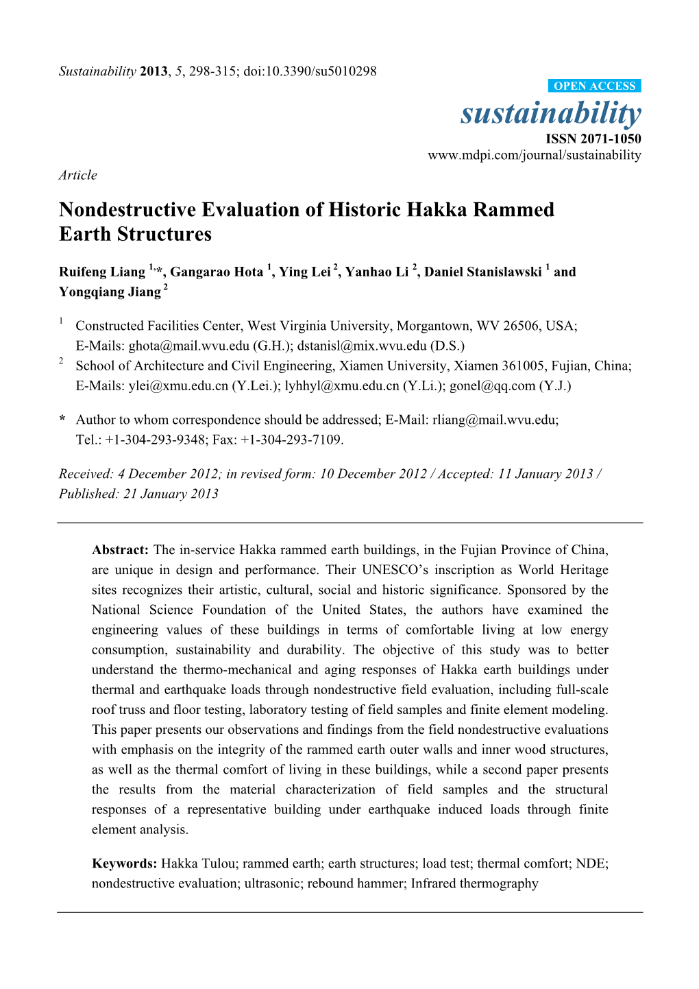 Nondestructive Evaluation of Historic Hakka Rammed Earth Structures