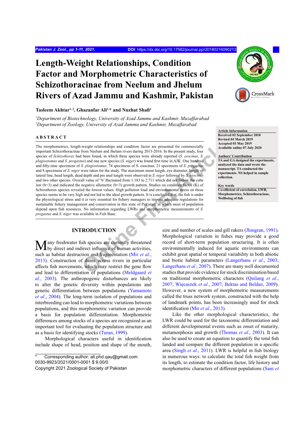 Length-Weight Relationships, Condition Factor and Morphometric Characteristics of Schizothoracinae from Neelum and Jhelum Rivers of Azad Jammu and Kashmir, Pakistan