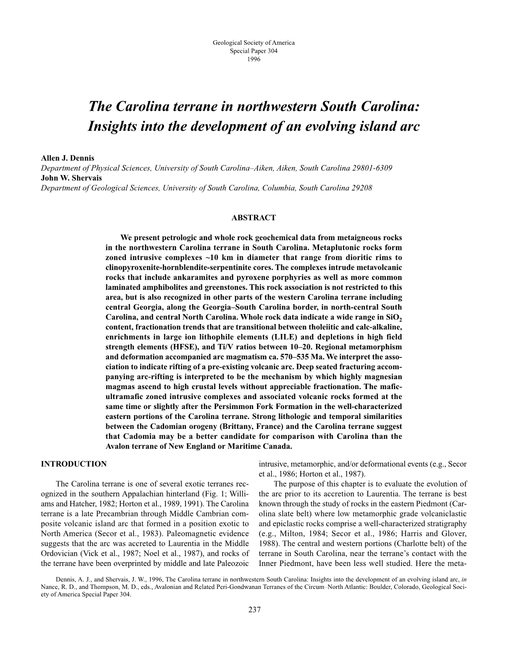 The Carolina Terrane in Northwestern South Carolina: Insights Into the Development of an Evolving Island Arc