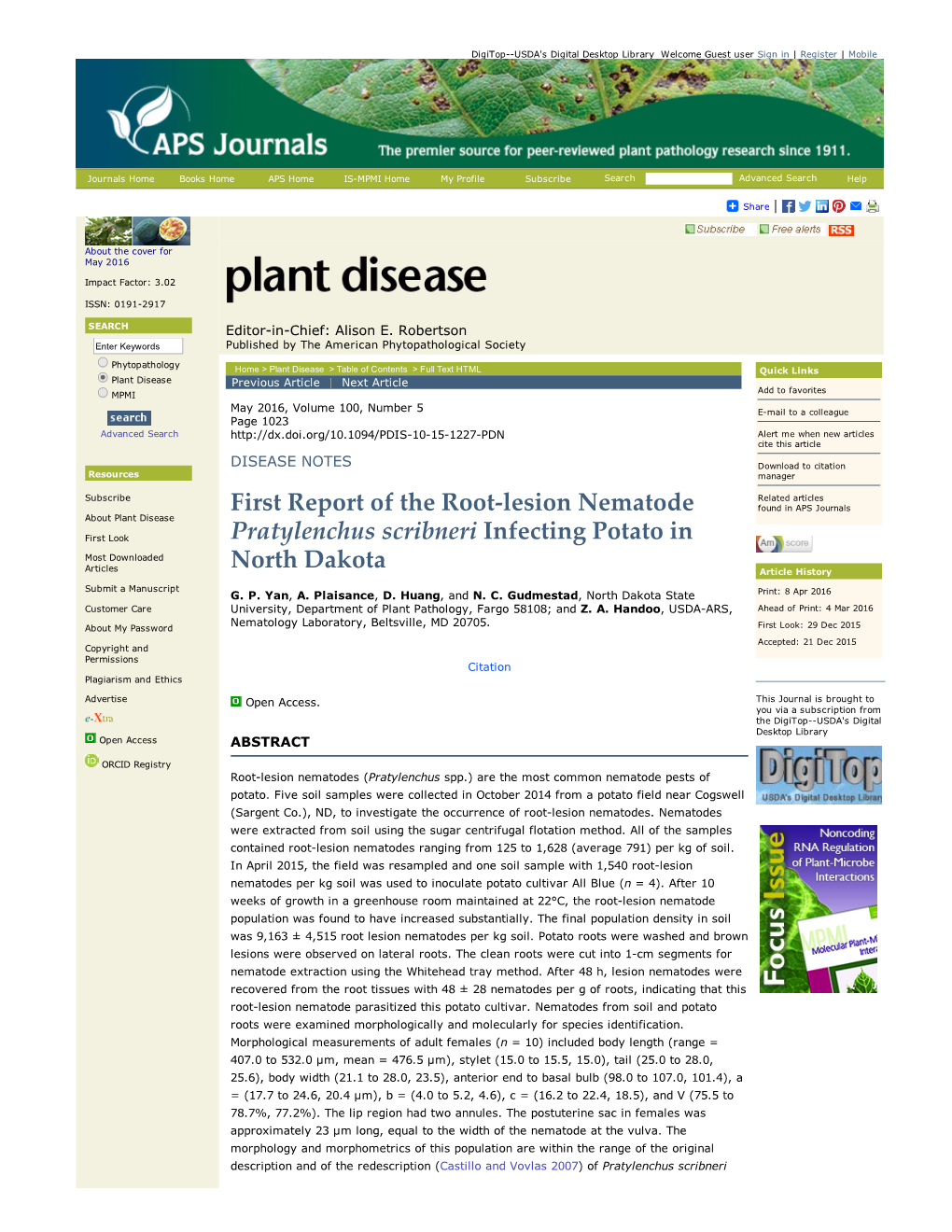 First Report of the Root‑Lesion Nematode Pratylenchus Scribneri
