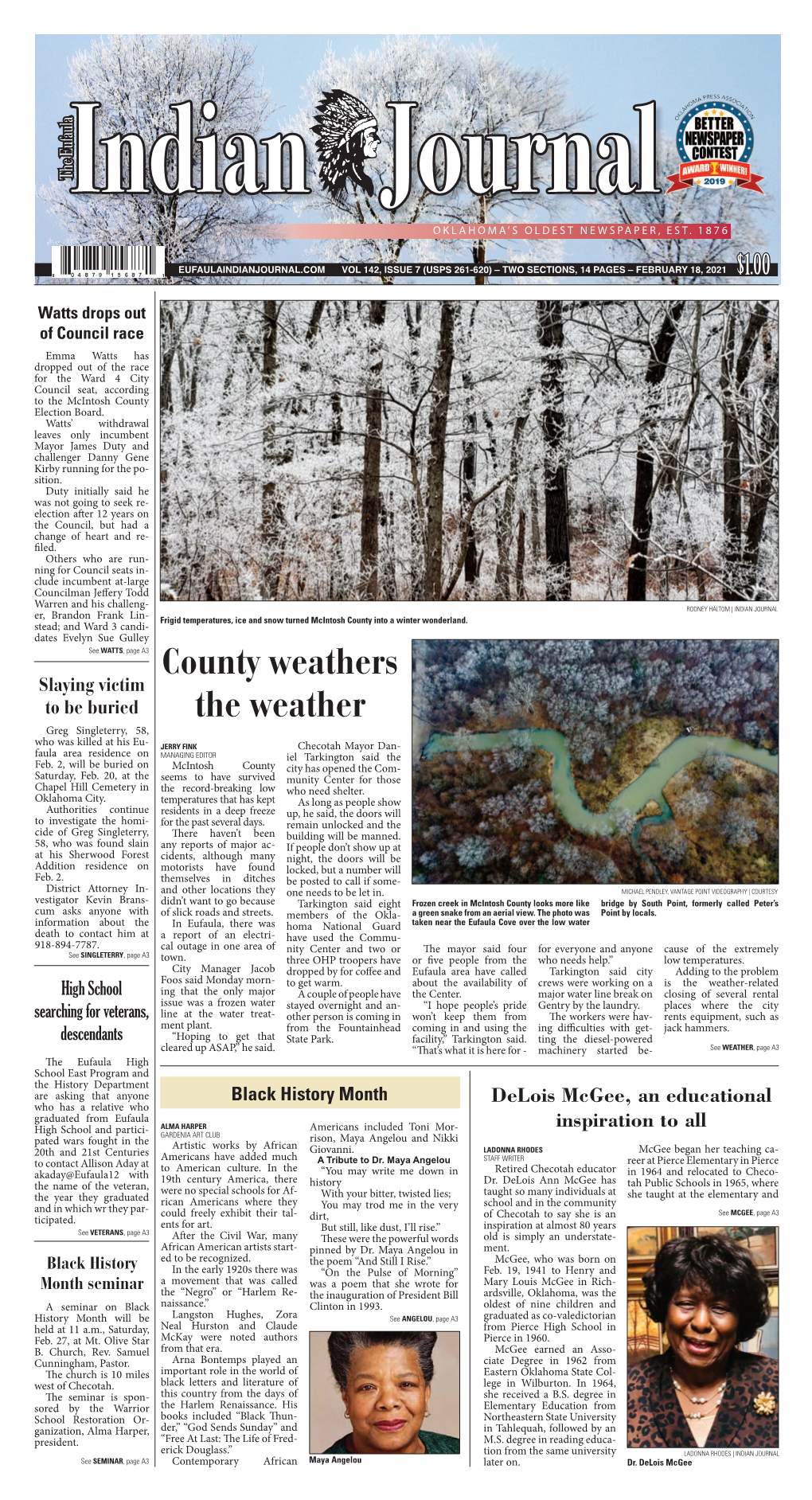 INDIAN JOURNAL Er, Brandon Frank Lin- Frigid Temperatures, Ice and Snow Turned Mcintosh County Into a Winter Wonderland