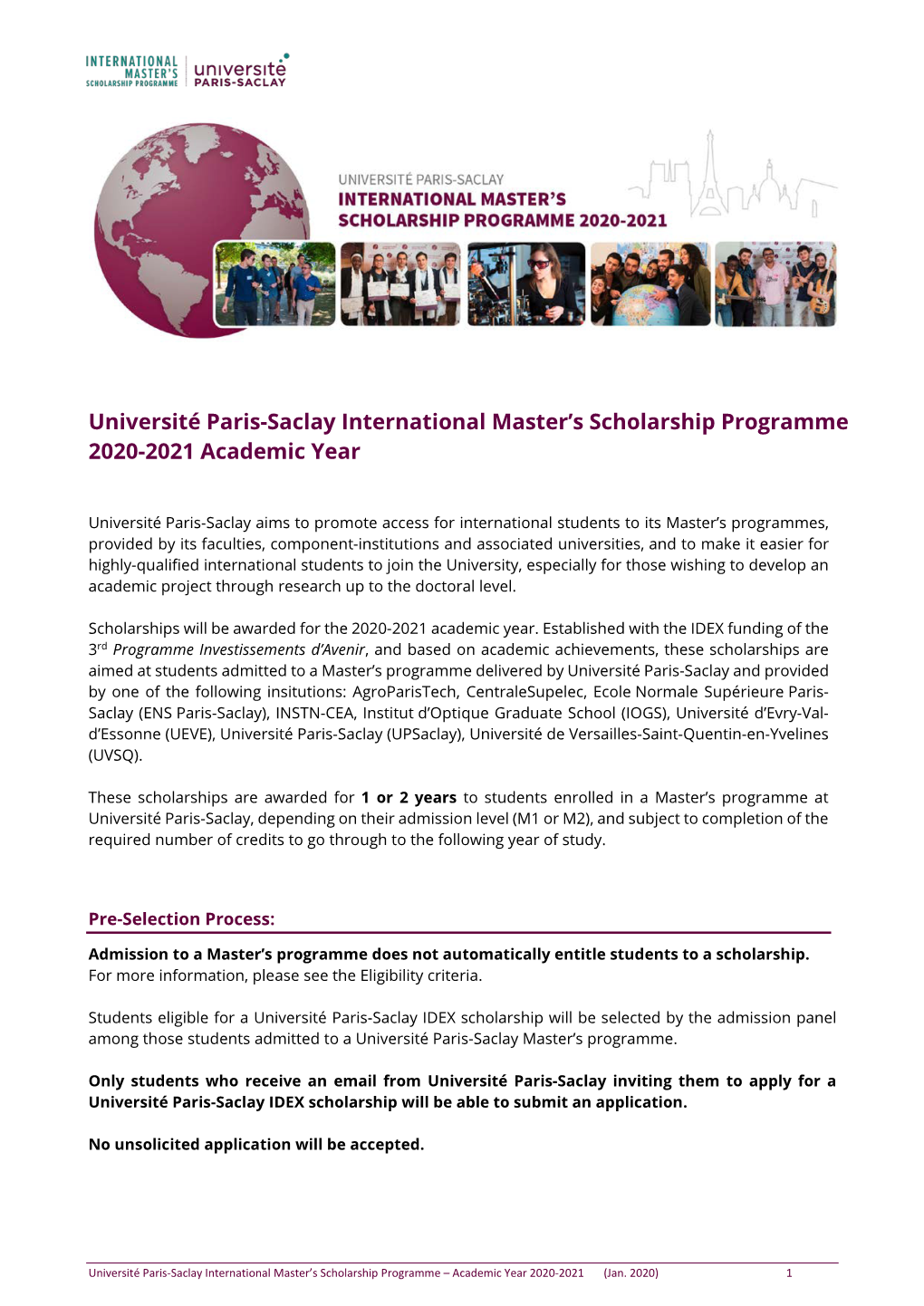 Université Paris-Saclay International Master's Scholarship Programme 2020-2021 Academic Year