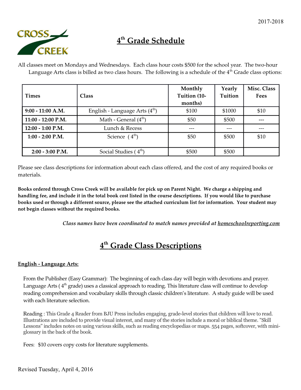 4Th Grade Schedule