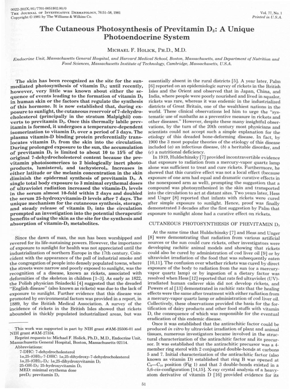 The Cutaneous Photosynthesis of Previtamin D3: a Unique Photoendocrine System