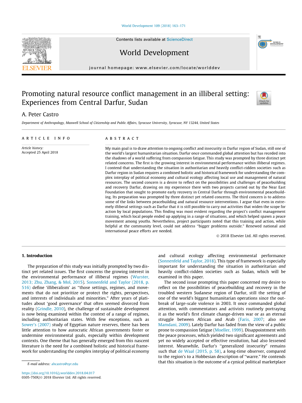 Promoting Natural Resource Conflict Management in an Illiberal Setting: Experiences from Central Darfur, Sudan