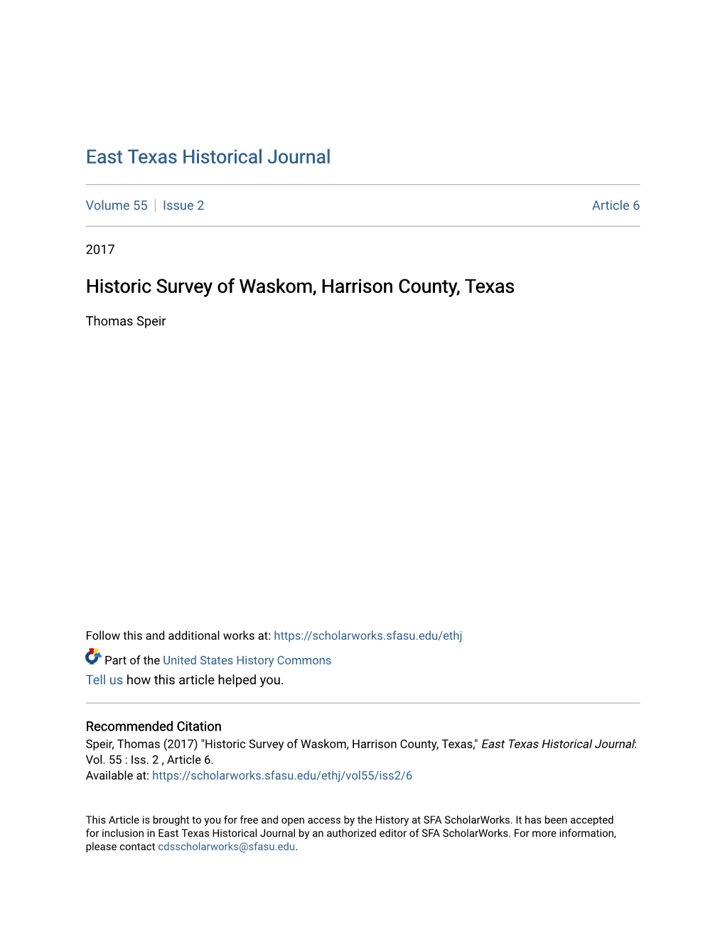 Historic Survey of Waskom, Harrison County, Texas