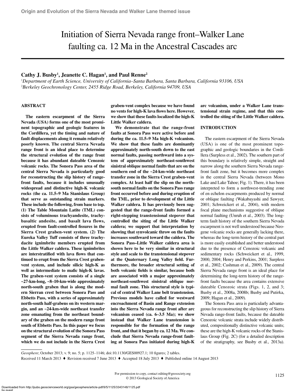 Initiation of Sierra Nevada Range Front–Walker Lane Faulting Ca. 12 Ma in the Ancestral Cascades Arc