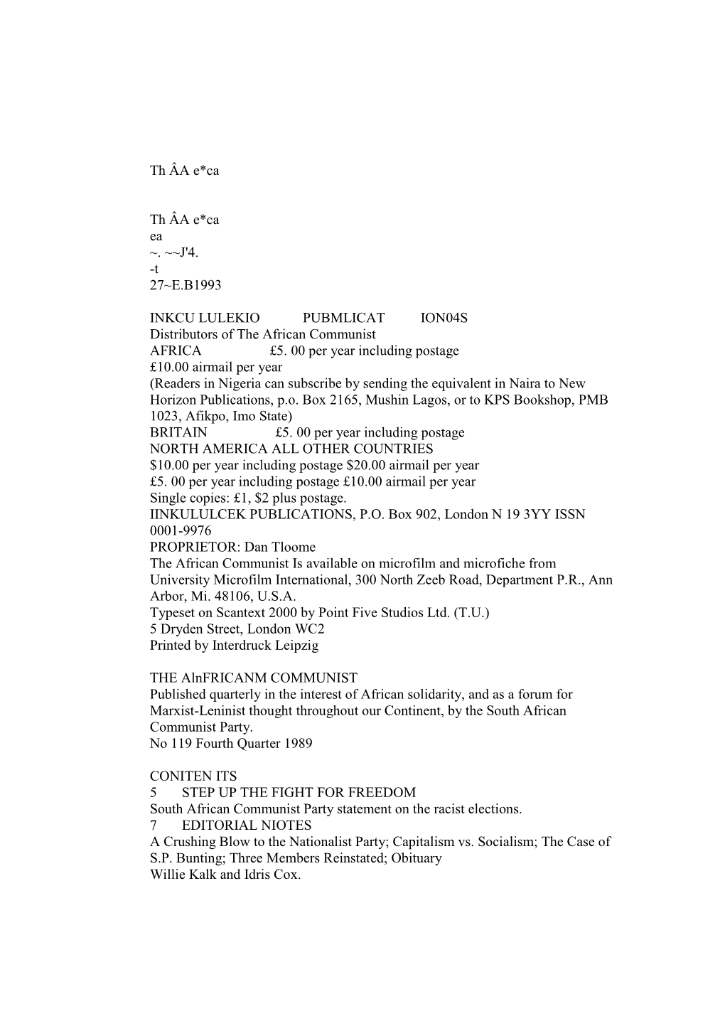 T 27~E.B1993 INKCU LULEKIO PUBMLICAT ION04S Distributors of the African Communist AFRICA