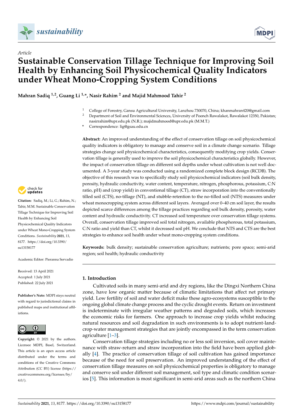 Sustainable Conservation Tillage Technique for Improving Soil Health by Enhancing Soil Physicochemical Quality Indicators Under Wheat Mono-Cropping System Conditions