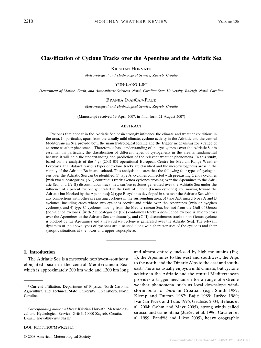 Classification of Cyclone Tracks Over the Apennines and the Adriatic Sea