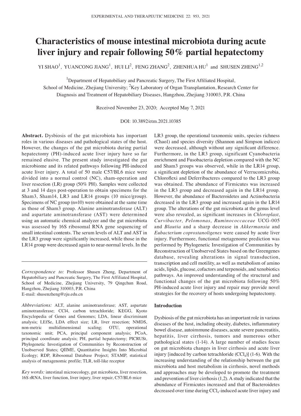 Characteristics of Mouse Intestinal Microbiota During Acute Liver Injury and Repair Following 50% Partial Hepatectomy