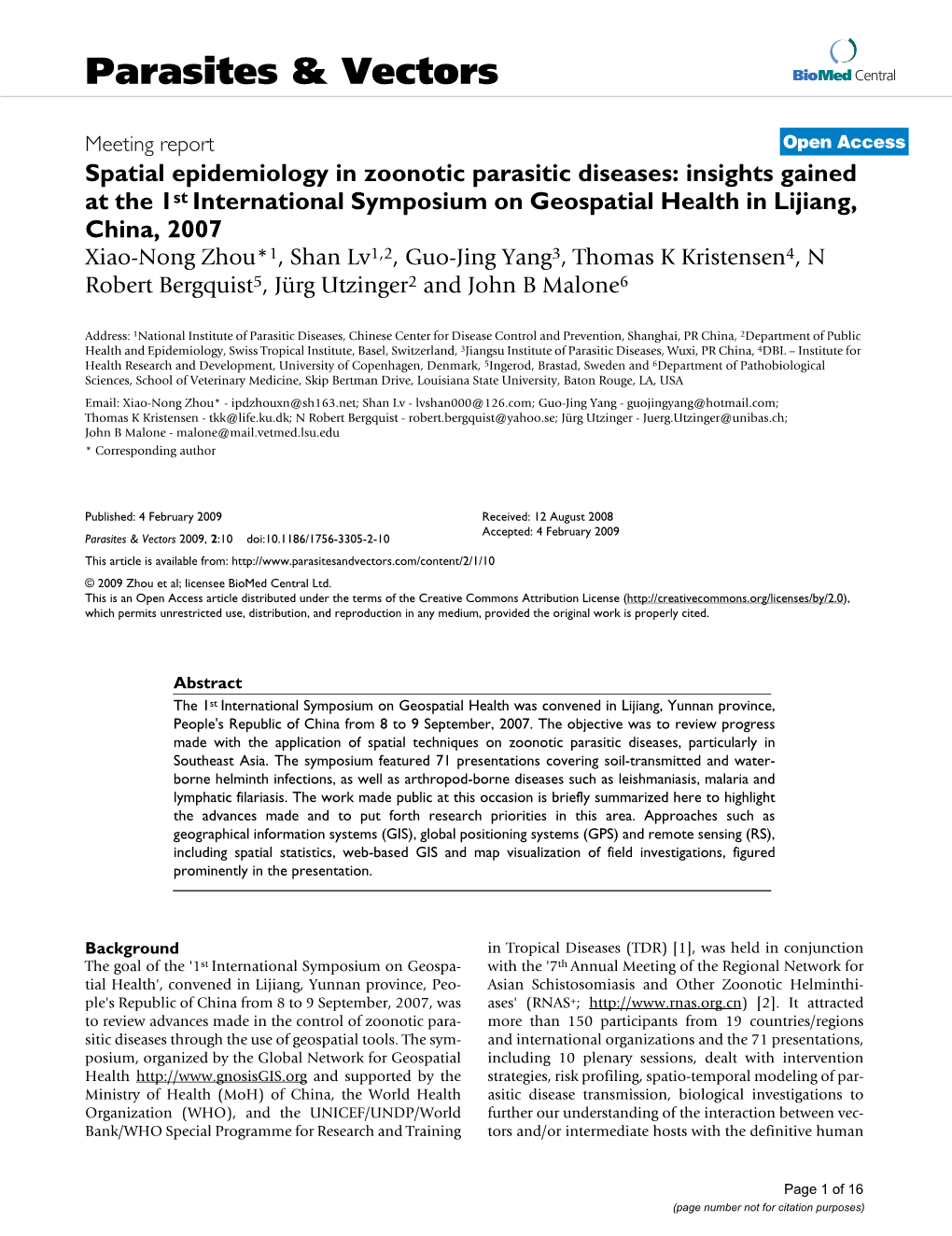 Spatial Epidemiology in Zoonotic Parasitic Diseases: Insights Gained