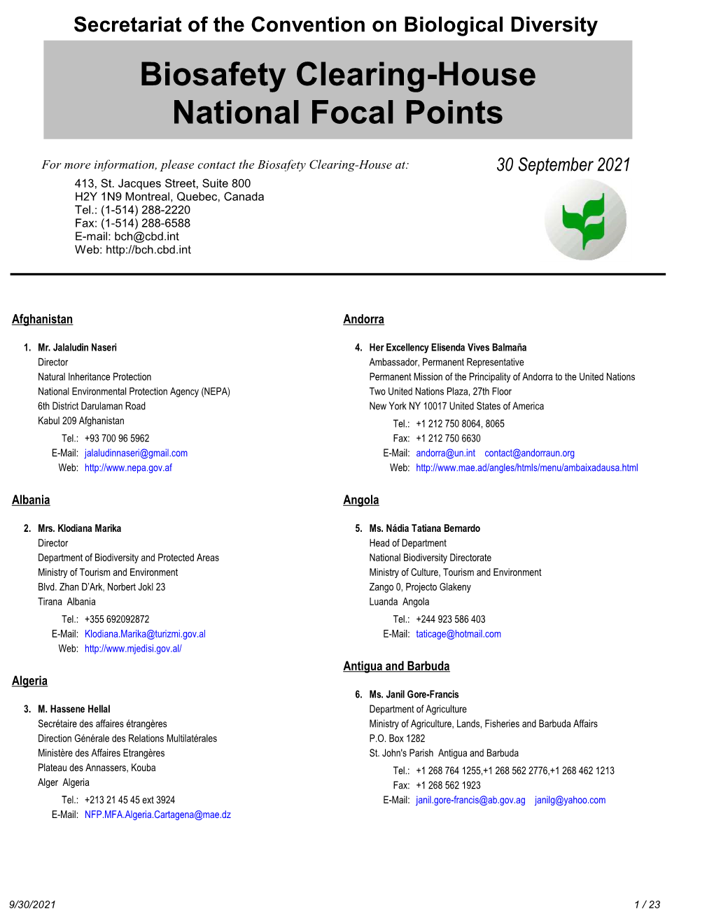 Biosafety Clearing-House National Focal Points