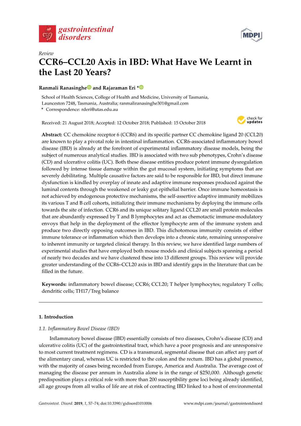 CCR6–CCL20 Axis in IBD: What Have We Learnt in the Last 20 Years?