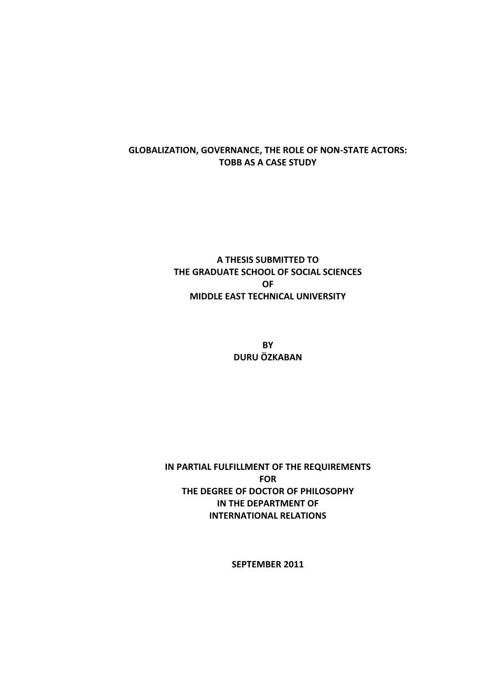 Globalization, Governance, the Role of Non-State Actors: Tobb As a Case Study