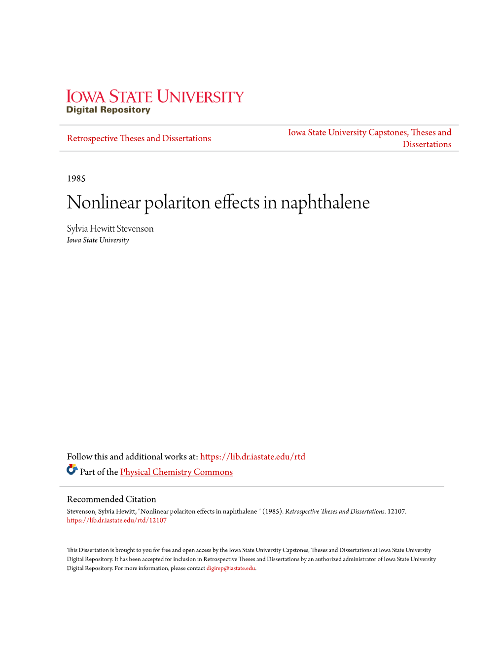 Nonlinear Polariton Effects in Naphthalene Sylvia Hewitt Ts Evenson Iowa State University