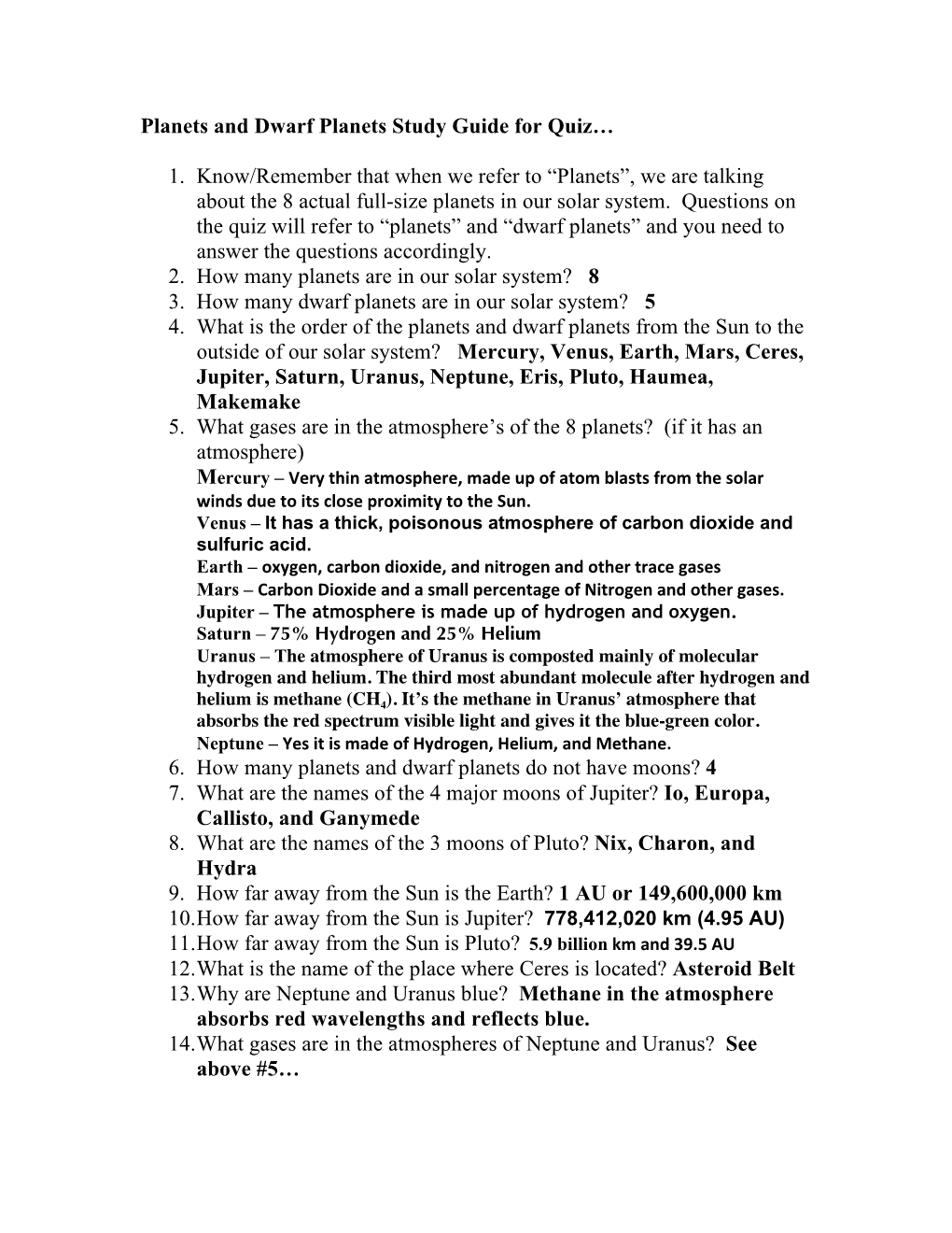 Answer Key Planets and Dwarf Planets Study Guide for Quiz…
