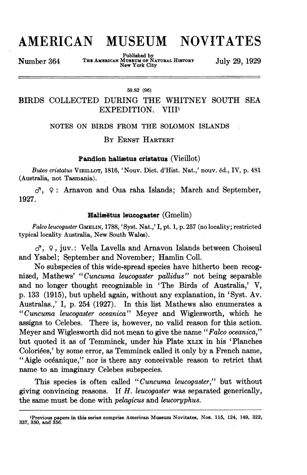 AMERICAN MUSEUM NOVITATES Published by the Amzrican of NATURAL HISTORY Number 364 Newmuseumyork City July 29, 1929