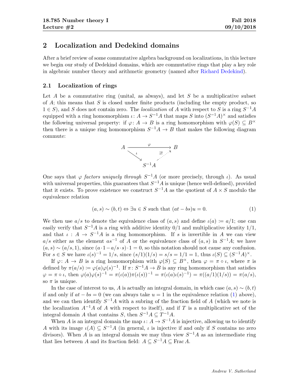 2 Localization and Dedekind Domains