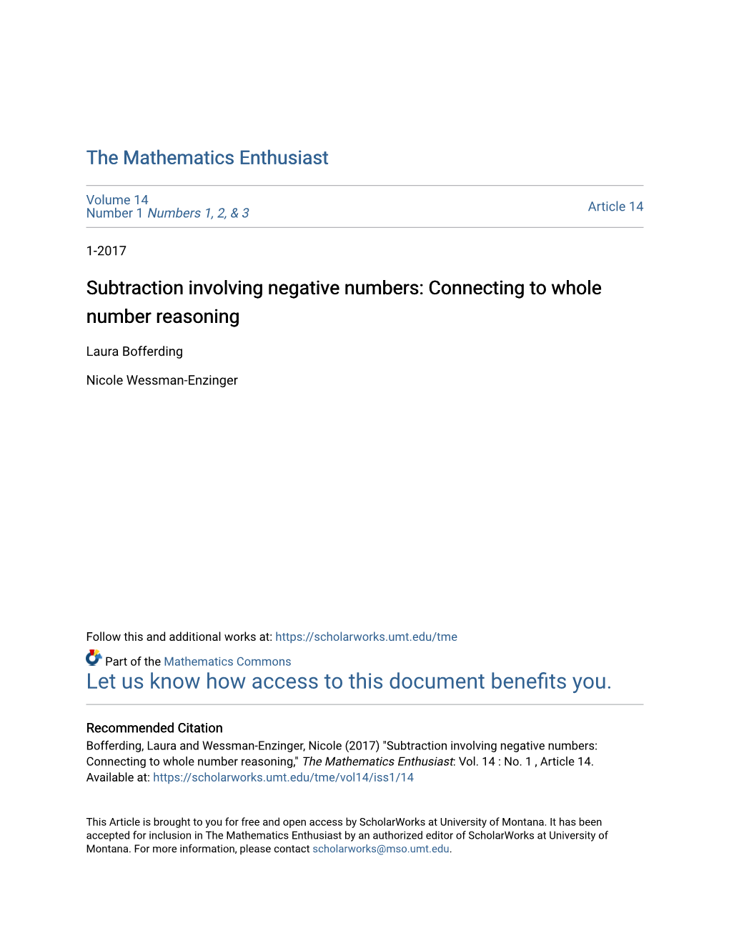 Subtraction Involving Negative Numbers: Connecting to Whole Number Reasoning