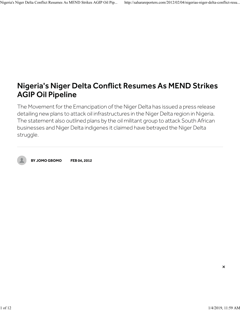 Nigeria's Niger Delta Conflict Resumes As MEND Strikes AGIP Oil Pip