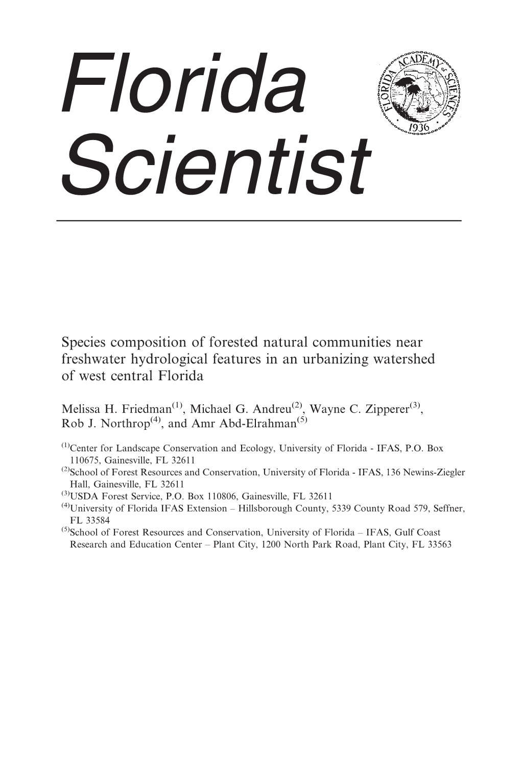 Species Composition of Forested Natural Communities Near Freshwater Hydrological Features in an Urbanizing Watershed of West Central Florida