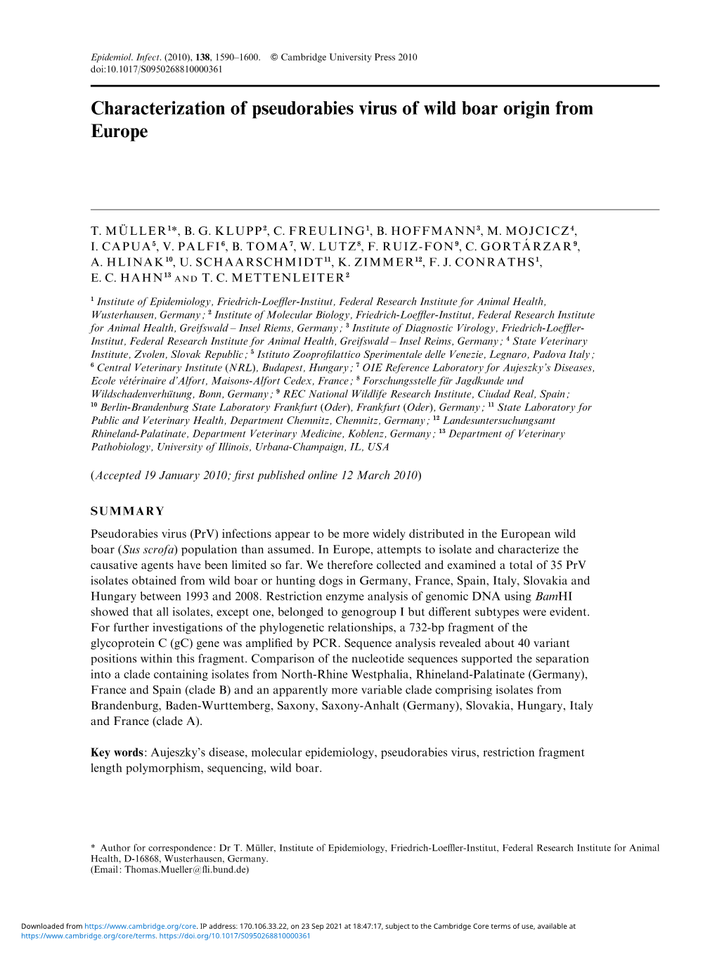 Characterization of Pseudorabies Virus of Wild Boar Origin from Europe