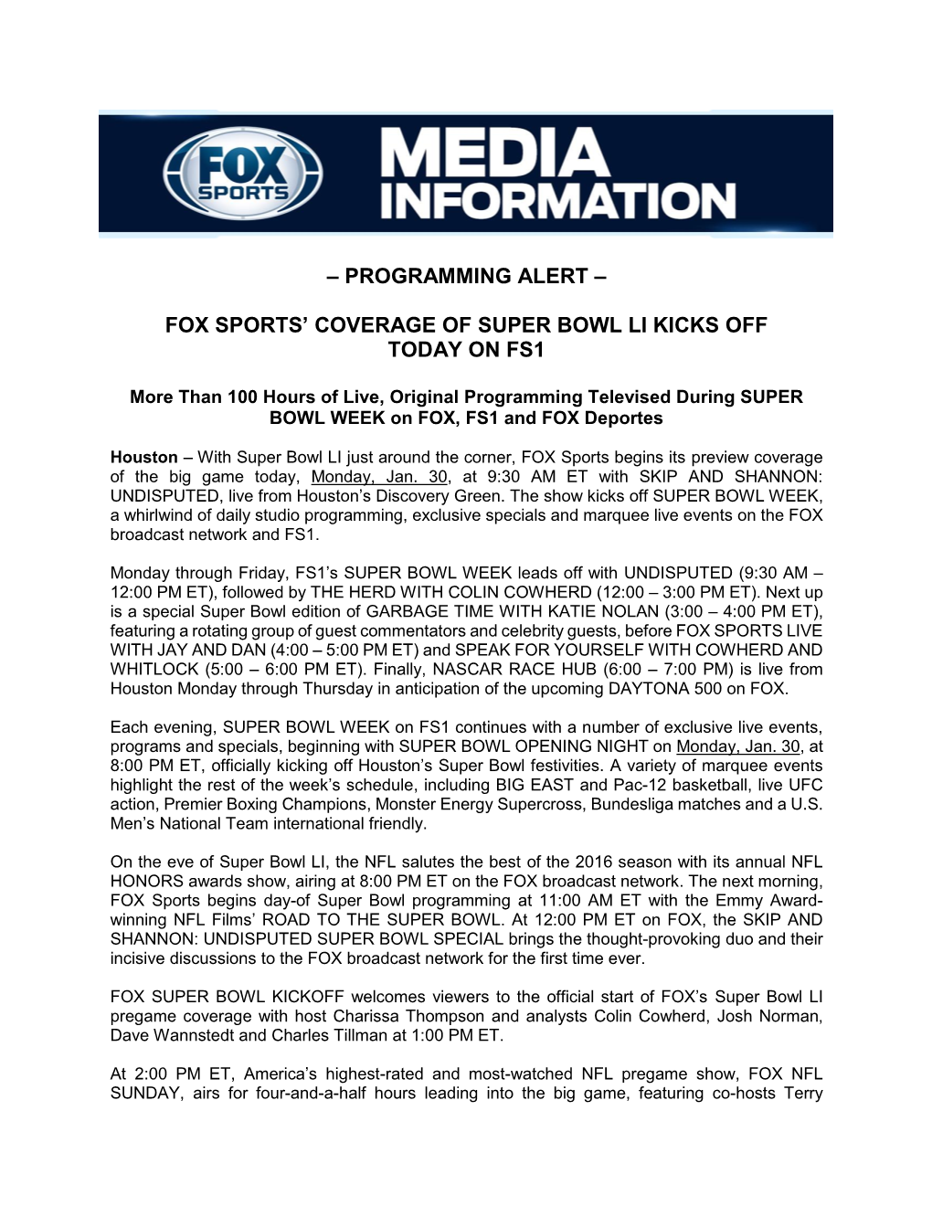 Programming Alert – Fox Sports' Coverage Of